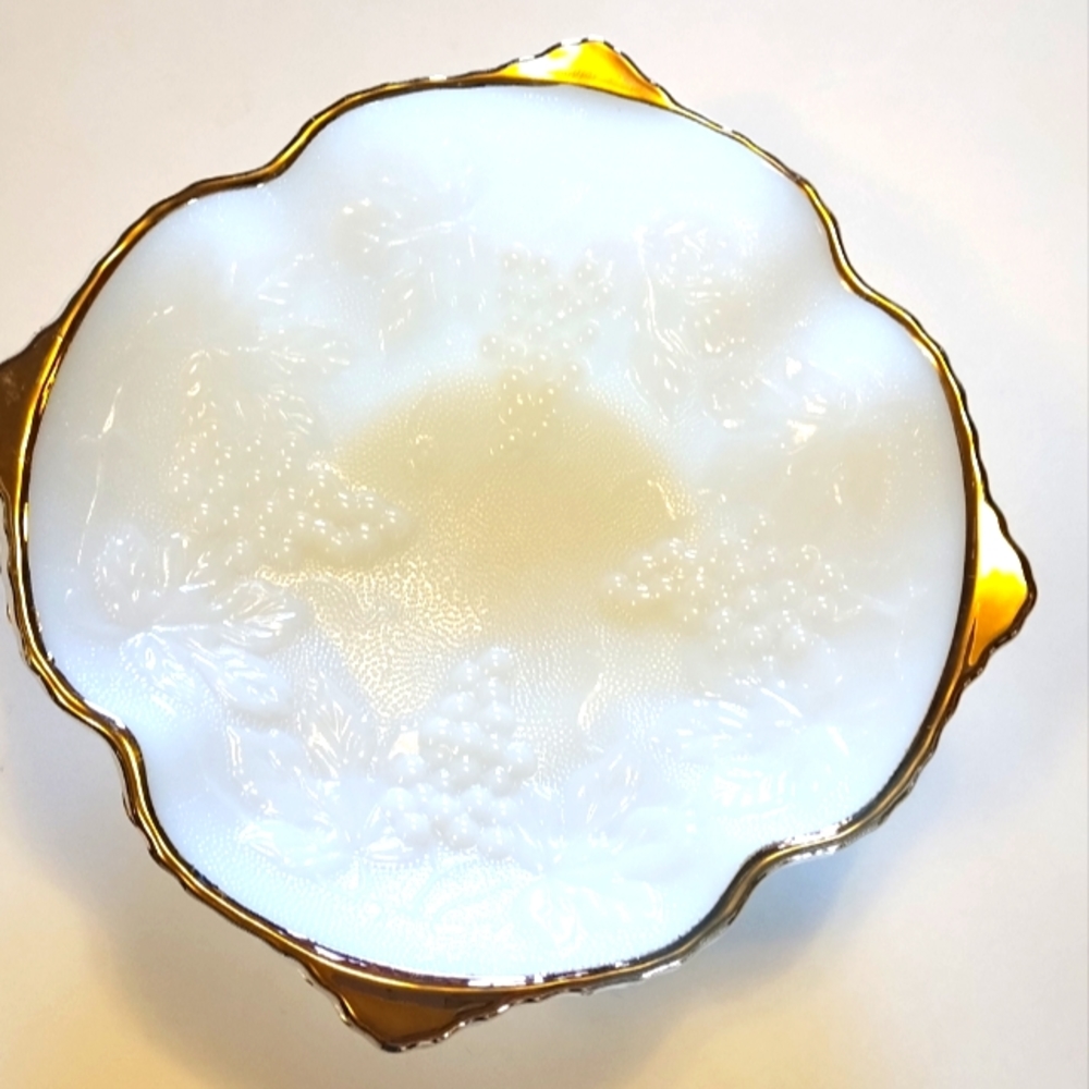 Anchor Hocking Grape Leaves Milk Glass Low Pedestel Bowl & Gold Trim